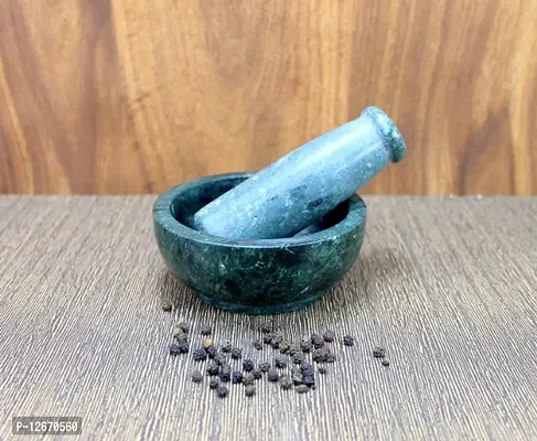 Craft Mortar Pestle Set, Kharal, Okhli, Mortar and Pestle Set - 10 cm Diameter (with Highted Base) - Made of Green Marble from Banks of Holy Narmada River - Spice Grinder Masher Marble Masher  (Pack o-thumb2