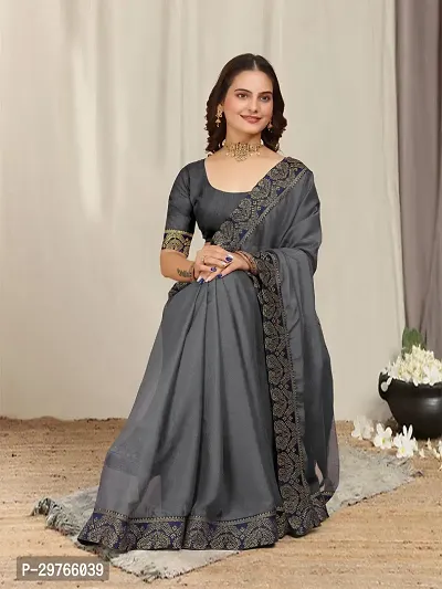 Stylish Georgette Grey Embellished Lace Border Saree With Blouse Piece