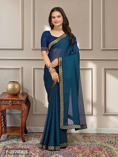 Stylish Georgette Blue Embellished Lace Border Saree With Blouse Piece-thumb0