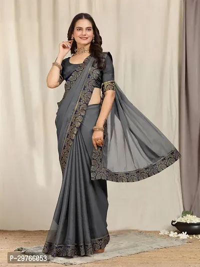 Stylish Georgette Grey Embellished Lace Border Saree With Blouse Piece