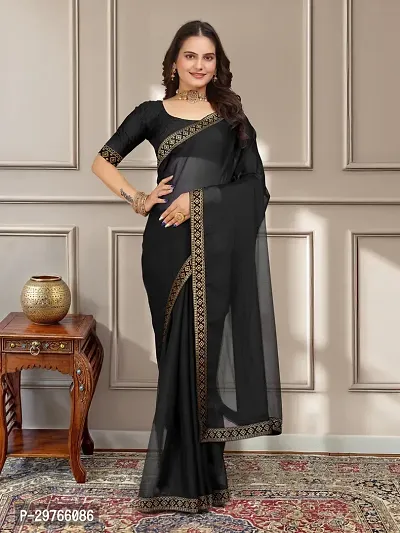 Stylish Georgette Black Embellished Lace Border Saree With Blouse Piece-thumb0