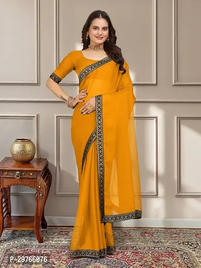 Stylish Georgette Yellow Embellished Lace Border Saree With Blouse Piece