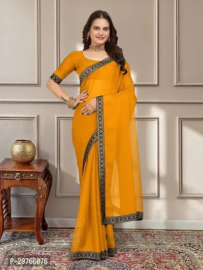 Stylish Georgette Yellow Embellished Lace Border Saree With Blouse Piece-thumb0