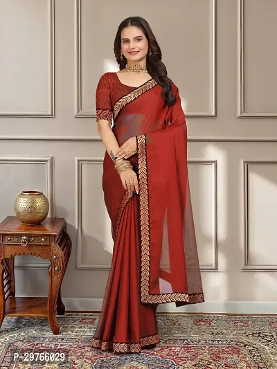 Stylish Georgette Red Embellished Lace Border Saree With Blouse Piece