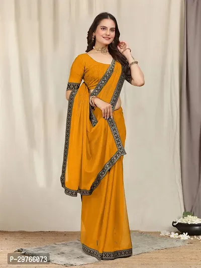 Stylish Georgette Yellow Embellished Lace Border Saree With Blouse Piece-thumb0