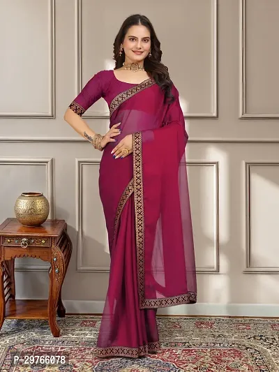 Stylish Georgette Magenta Embellished Lace Border Saree With Blouse Piece-thumb0