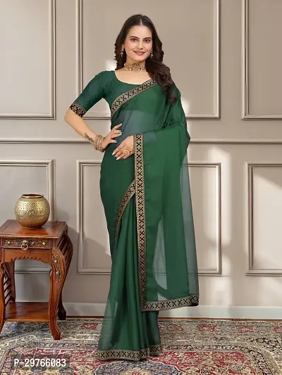 Stylish Georgette Green Embellished Lace Border Saree With Blouse Piece-thumb0