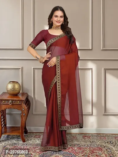 Stylish Georgette Red Embellished Lace Border Saree With Blouse Piece