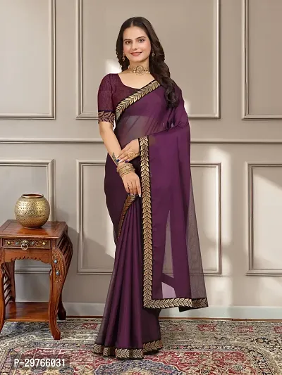 Stylish Georgette Purple Embellished Lace Border Saree With Blouse Piece