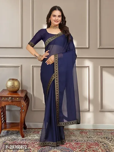 Stylish Georgette Blue Embellished Lace Border Saree With Blouse Piece
