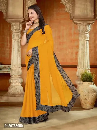 Stylish Georgette Yellow Embellished Lace Border Saree With Blouse Piece-thumb0