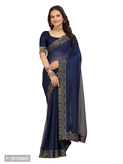 Stylish Georgette Blue Embellished Lace Border Saree With Blouse Piece-thumb0