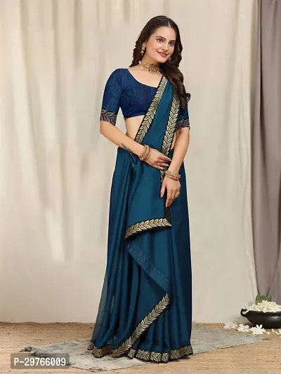 Stylish Georgette Blue Embellished Lace Border Saree With Blouse Piece-thumb0