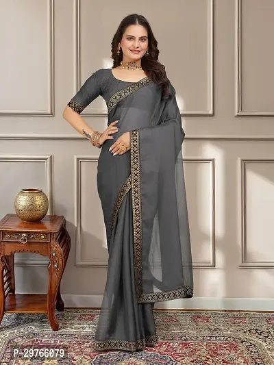 Stylish Georgette Grey Embellished Lace Border Saree With Blouse Piece