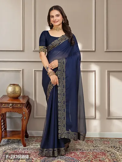 Stylish Georgette Blue Embellished Lace Border Saree With Blouse Piece