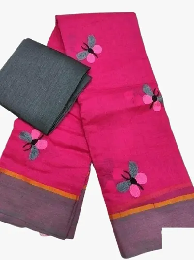 Cotton Blend Embroidered Sarees with Blouse Piece