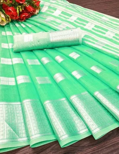 Linen Blend Silver Box Zari Sarees With Blouse