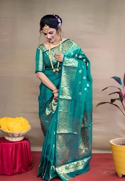 SGF11 Women's Kanjivaram Pure Soft Silk Handloom Saree Pure Golden Zari With Blouse Piece