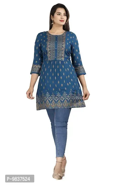 Shiva Fab Short Kurti for Women | Embroidered Straight Rayon Kurta | Round Neck Full Sleeves Short Kurti for Women's (Small, Blue)-thumb0