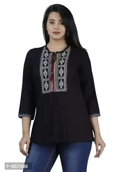 Khushank Women's Rayon Embroidered Regular Fit Top (XX-Large, Black)-thumb0