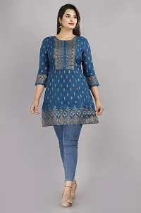 Short Kurti for Women| Printed Straight Rayon Top | Round Neck Full Sleeves Short Kurti for Women's VIYANA Collection (Small, Tile PRINTEX Blue NC)-thumb4