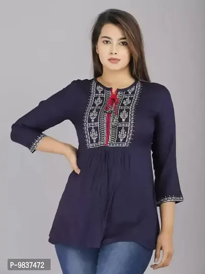 Khushank Casual Regular Sleeves Embroidered Women Maroon Top (Small, Navy Blue)-thumb5