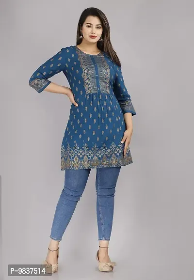 Short Kurti for Women| Printed Straight Rayon Top | Round Neck Full Sleeves Short Kurti for Women's VIYANA Collection (Large, Tile PRINTEX Blue NC)-thumb3