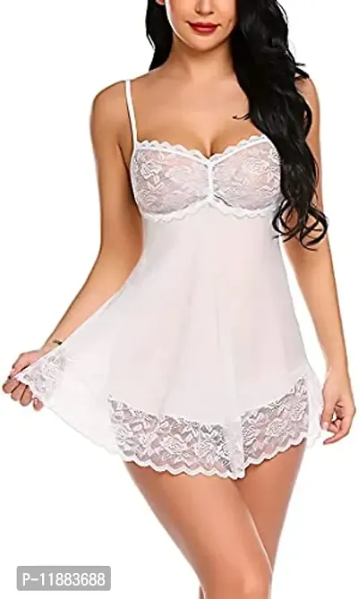 Dulcinea Lace Babydoll Lingerie Sexy Mini Chemise Mesh Wedding Nightie Bridal Nightdress (Free Size, White)-thumb3