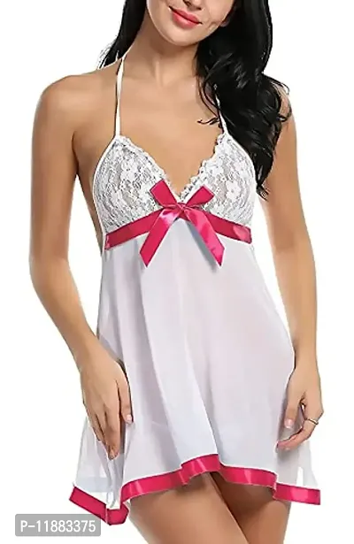 Dulcinea Women's Blended Above Knee Length Babydoll Nighty (Free Size, White (Red Ribbon))-thumb0