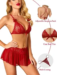 Dulcinea Sexy Women Lingerie Set 3 Pieces Halter Bra, Mini Skirt with G-String Mesh Lace Babydoll Lingerie Set (Free Size, WineRed)-thumb1