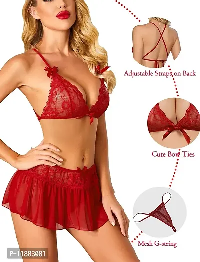 Dulcinea Sexy Women Lingerie Set 3 Pieces Halter Bra, Mini Skirt with G-String Mesh Lace Babydoll Lingerie Set (Free Size, WineRed)-thumb2