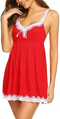 Dulcinea Women Sexy Sleepwear Lace Chemise Nightgown Full Slip Babydoll Sleepwear (Free Size, Red)-thumb1
