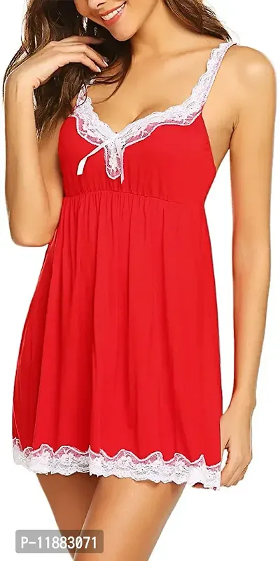 Dulcinea Women Sexy Sleepwear Lace Chemise Nightgown Full Slip Babydoll Sleepwear (Free Size, Red)-thumb2