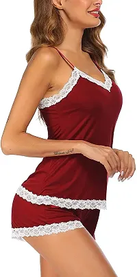 Dulcinea Women's Lace Pajama Set Nightwear Modal PJ Set Solid Polyester Pajama Set (Free Size, WineRed)-thumb3