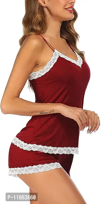 Dulcinea Women's Lace Pajama Set Nightwear Modal PJ Set Solid Polyester Pajama Set (Free Size, WineRed)-thumb4