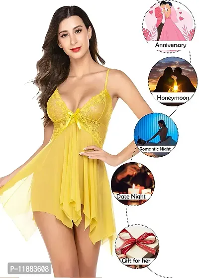 Dulcinea Women's Polyester Blend All Over Print Above Knee Babydoll Nightwear (DC_217_Yellow_Free Size)-thumb4