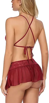 Dulcinea Sexy Women Lingerie Set 3 Pieces Halter Bra, Mini Skirt with G-String Mesh Lace Babydoll Lingerie Set (Free Size, WineRed)-thumb4