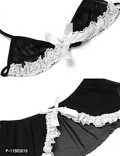Dulcinea Women's Sexy Babydoll Lingerie Above Knee Night Wear 2 Piece Lace Lingerie Set with G- Sting Black-thumb3