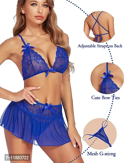 Dulcinea Women's Babydoll Honeymoon Lace Lingerie Set Above Knee Babydoll Night Dress (Free Size, Blue)-thumb3