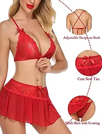 Dulcinea Women's Babydoll Honeymoon Lace Lingerie Set Above Knee Babydoll Night Dress (Free Size, Red)-thumb2