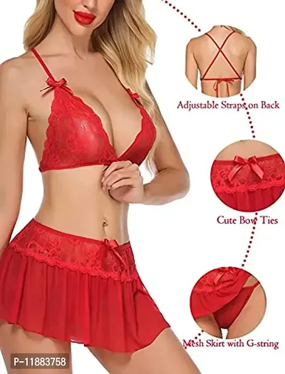 Dulcinea Women's Babydoll Honeymoon Lace Lingerie Set Above Knee Babydoll Night Dress (Free Size, Red)-thumb3