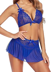 Dulcinea Women's Babydoll Honeymoon Lace Lingerie Set Above Knee Babydoll Night Dress (Free Size, Blue)-thumb1