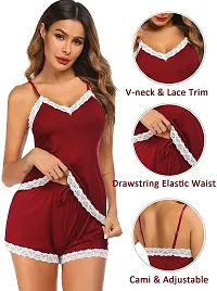 Dulcinea Women's Lace Pajama Set Nightwear Modal PJ Set Solid Polyester Pajama Set (Free Size, WineRed)-thumb2