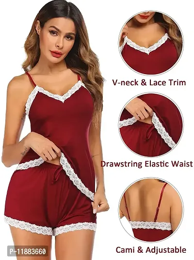 Dulcinea Women's Lace Pajama Set Nightwear Modal PJ Set Solid Polyester Pajama Set (Free Size, WineRed)-thumb3