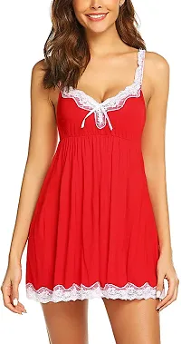 Dulcinea Women Sexy Sleepwear Lace Chemise Nightgown Full Slip Babydoll Sleepwear (Free Size, Red)-thumb3