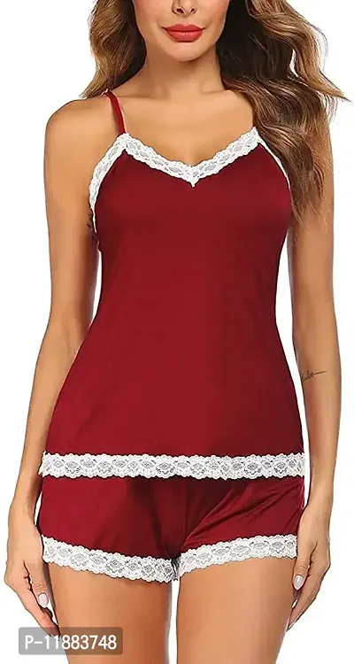 Dulcinea Women's Polyester Blend All Over Print Above Knee Babydoll Lingerie Set (DC_301_WineRed_Free Size)