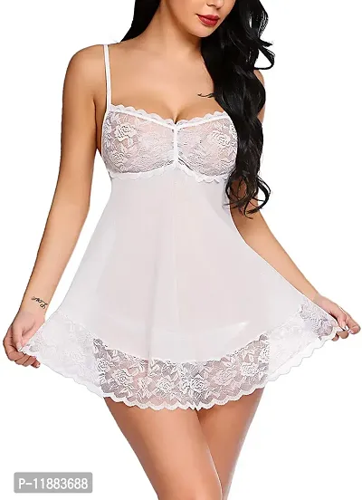 Dulcinea Lace Babydoll Lingerie Sexy Mini Chemise Mesh Wedding Nightie Bridal Nightdress (Free Size, White)-thumb5