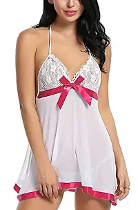 Dulcinea Women's Blended Above Knee Length Babydoll Nighty (Free Size, White (Red Ribbon))-thumb2