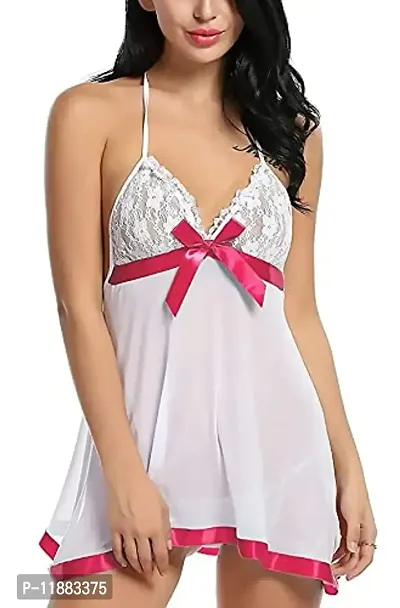 Dulcinea Women's Blended Above Knee Length Babydoll Nighty (Free Size, White (Red Ribbon))-thumb3