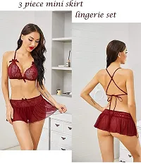 Dulcinea Sexy Women Lingerie Set 3 Pieces Halter Bra, Mini Skirt with G-String Mesh Lace Babydoll Lingerie Set (Free Size, WineRed)-thumb3